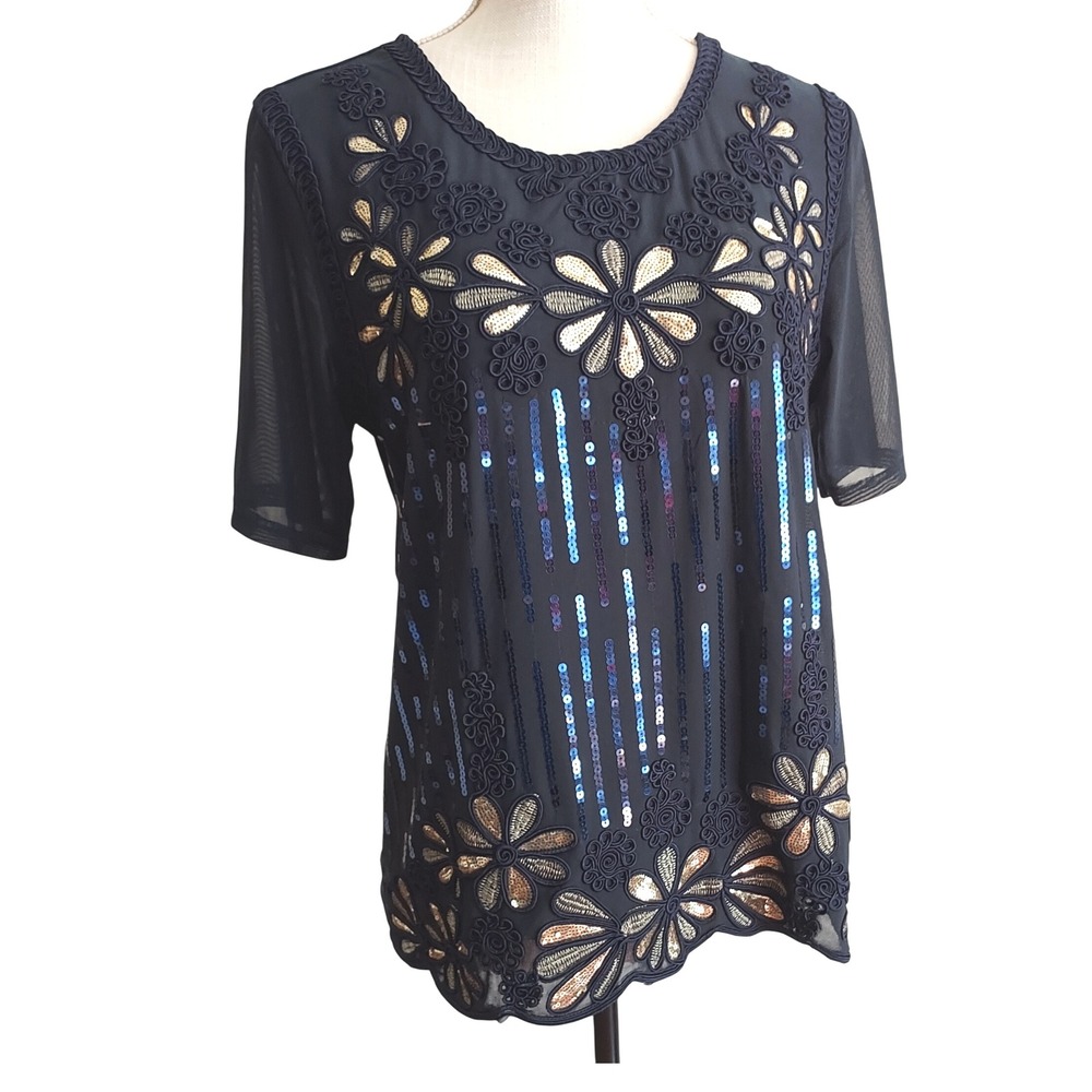 Sequin Navy Embellished Floral Applique Sheer‎ Holiday Party Top Size L